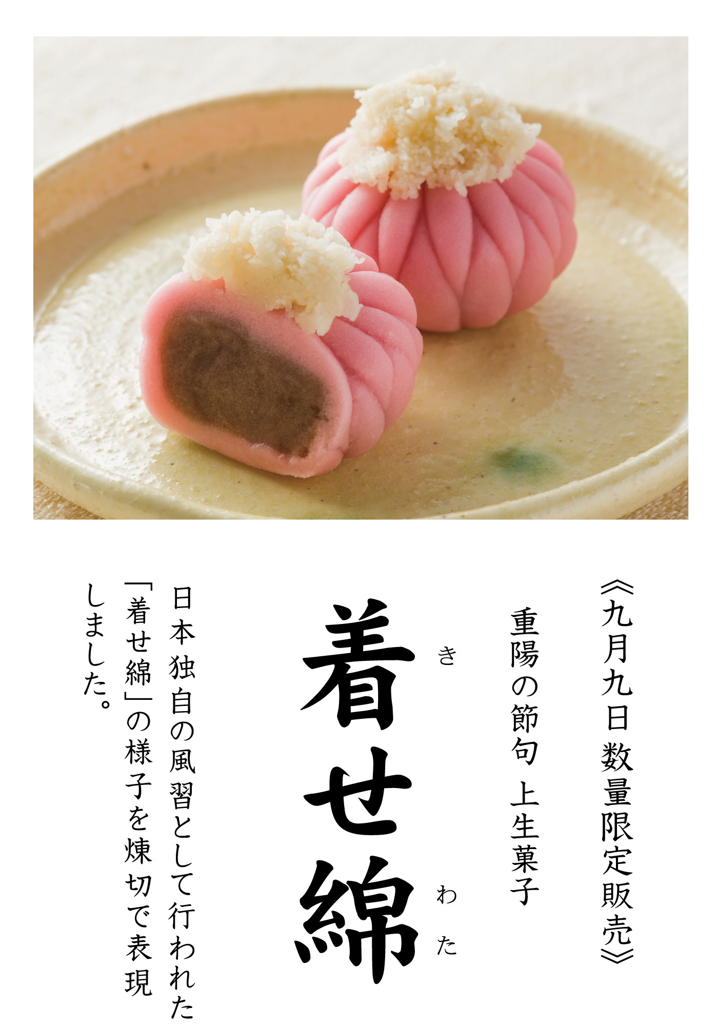 《九月九日数量限定販売》重陽の節句上生菓子着きせ綿わた日本独自の風習として行われた「着せ綿」の様子を煉切で表現しました。
