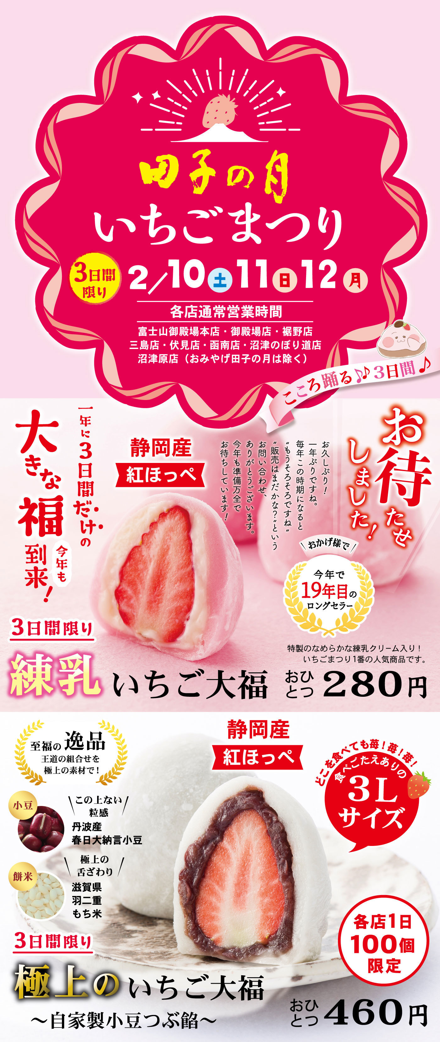 田子の月いちごまつり3日間限り2/10土11日12月各店通常営業時間富士山御殿場本店・御殿場店・裾野店・三島店・伏見店・函南店・沼津のぼり道店沼津原店(おみやげ田子の月は除く)こころ踊る♪♪3日間♪お待たせしました！＼おかげ様で／今年で19年目のロングセラー3日間限り練乳いちご大福おひとつ280円お久しぶり！一年ぶりですね。毎年この時期になると“もうそろそろですね”“販売はまだかな？”というお問い合わせ、ありがとうございます。今年も準備万全でお待ちしています！特製のなめらかな練乳クリーム入り！いちごまつり1番の人気商品です。静岡産紅ほっぺ一年に3日間だけ・・の大きな福今年も到来！どこを食べても苺！苺！苺！食べごたえありの3Lサイズ3日間限り極上のいちご大福～自家製小豆つぶ餡～おひとつ460円各店1日100個限定静岡産紅ほっぺ至福の逸品王道の組合せを極上の素材で！小豆＼この上ない粒感／丹波産春日大納言小豆餅米＼極上の舌ざわり／滋賀県羽二重もち米