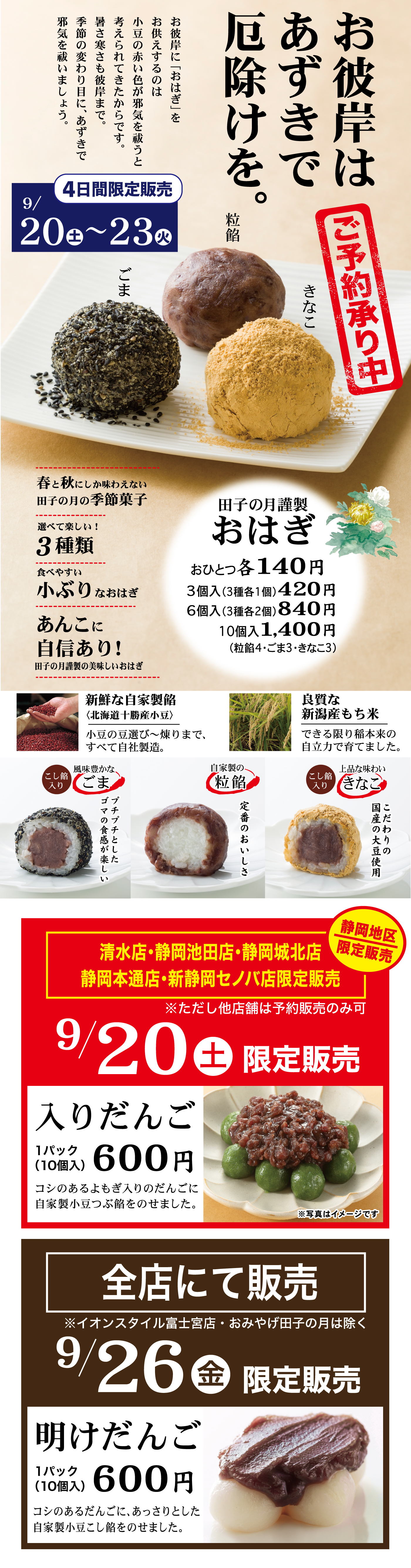 お彼岸はあずきで厄除けを。お彼岸におはぎをお供えするのは、小豆の赤い色が邪気を祓うと考えられてきたからです。暑さ寒さも彼岸まで。季節の変わり目に、あずきで邪気を祓いましょう。 ご予約承り中 4日間限定販売 9/20（土）〜23（火） 粒餡 ごま きなこ 春と秋にしか味わえない田子の月の季節菓子 選んで楽しい！3種類 食べやすい小ぶりなおはぎ あんこに自信あり！田子の月謹製の美味しいおはぎ 田子の月謹製 おはぎ おひとつ各140円 3個入（3種各1個）420円 6個入（3種各2個）840円 10個入 1,400円（粒餡・ごま・きなこ） 新鮮な自家製餡（北海道十勝産小豆）小豆の豆選び〜煮上げまで、すべて自社製造。 良質な新潟産もち米 できる限り福祉米の甘みを最大限に活かした旨みです。 こし餡 プチッとしたゴマの食感が楽しい ごま 粒餡 定番のおいしさ きなこ こだわり国産の大豆を使用 静岡地区限定販売 清水店・静岡池田店・静岡城北店 静岡本通店・新静岡セノバ店限定販売 ※ただし他店舗は予約販売のみ 9/20（土）限定販売 入りだんご 1パック（10個入）600円 コシのあるよもぎ入りのだんごに自家製小豆つぶ餡をのせました。 ※写真はイメージです 全店にて販売 ※イオンスタイル富士宮店・おみやげ田子の月は除く 9/26（金）限定販売 明けだんご 1パック（10個入）600円 コシのあるだんごに、あっさりとした自家製小豆こし餡をのせました。