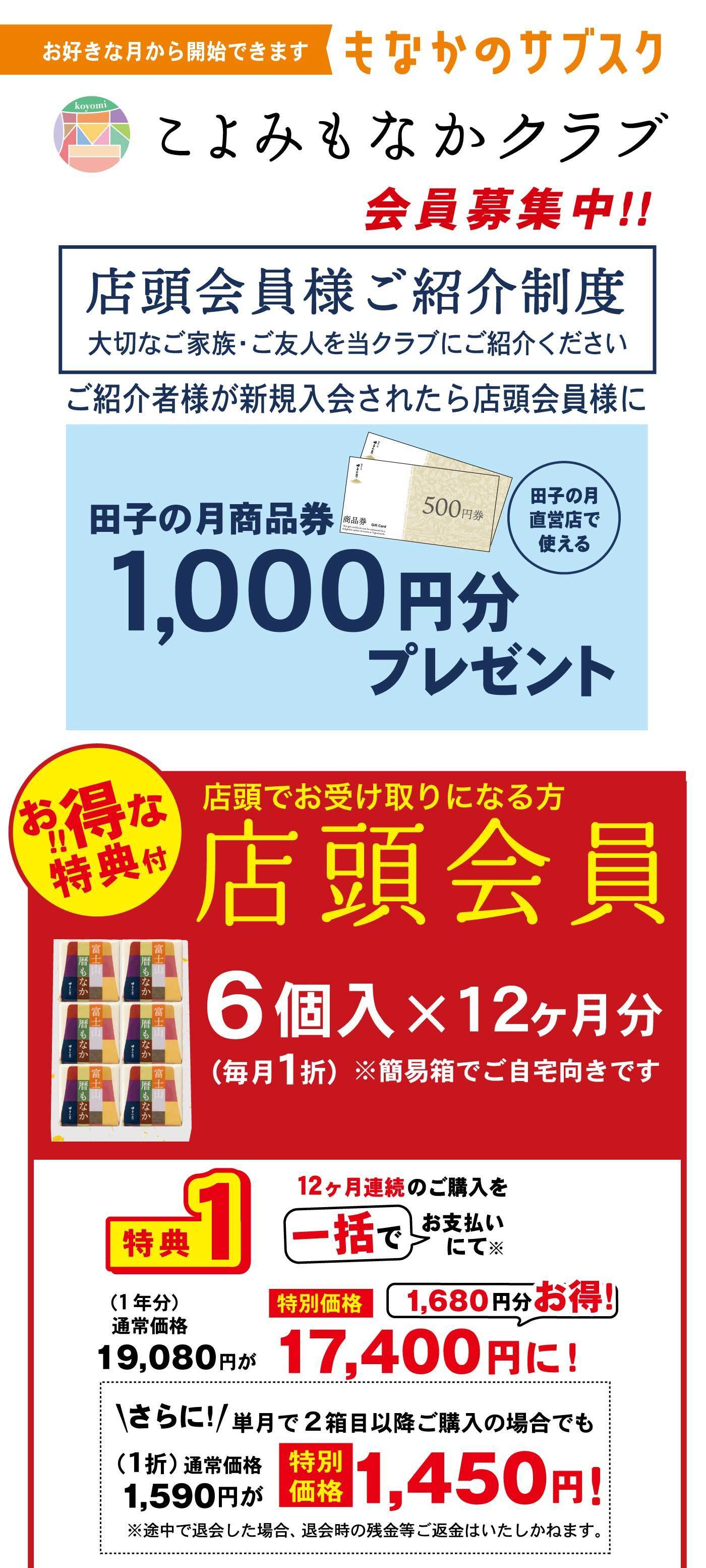 お好きな月から開始できます もなかのサブスク こよみもなかクラブ 会員募集中!! 店頭会員様ご紹介制度 大切なご家族・ご友人を当クラブにご紹介ください ご紹介者様が新規入会されたら店頭会員様に 田子の月商品券1,000円分プレゼント 田子の月直営店で使える お得な特典付 店頭でお受け取りになる方 店頭会員 6個入×12ヶ月分（毎月1折）※簡易箱でご自宅向きです 特典1 12ヶ月連続のご購入を一括でお支払いにて （1年分）通常価格19,080円が特別価格17,400円に！1,680円分お得！ さらに!! 単月で2箱目以降ご購入の場合でも（1折）通常価格1,590円が特別価格1,450円！ ※途中で退会した場合、退会時の残金等ご返金はいたしかねます
