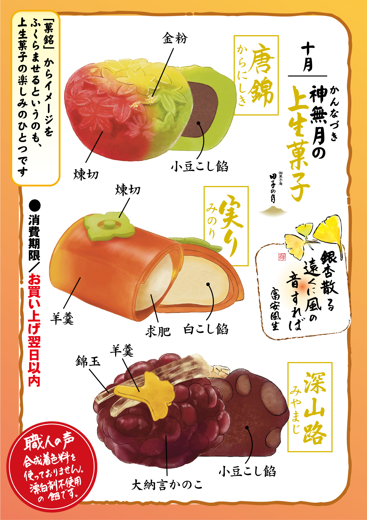 十月 神無月の上生菓子 唐錦 からにしき 小豆こし餡 煉切 金粉 笑り みのり 白こし餡 求肥 煉切 羊羹 深山路 みやまじ 小豆こし餡 大納言かのこ 羊羹 錦玉 職人の声 合成着色料を使っておりません。漂白剤不使用の餡です。 「意銘」からイメージをふくらませるというのも、上生菓子の楽しみのひとつです ●消費期限 お買い上げ翌日以内 銀杏散る 遠くに風の 音すれば 高浜虚生 季節菓子 四季の月