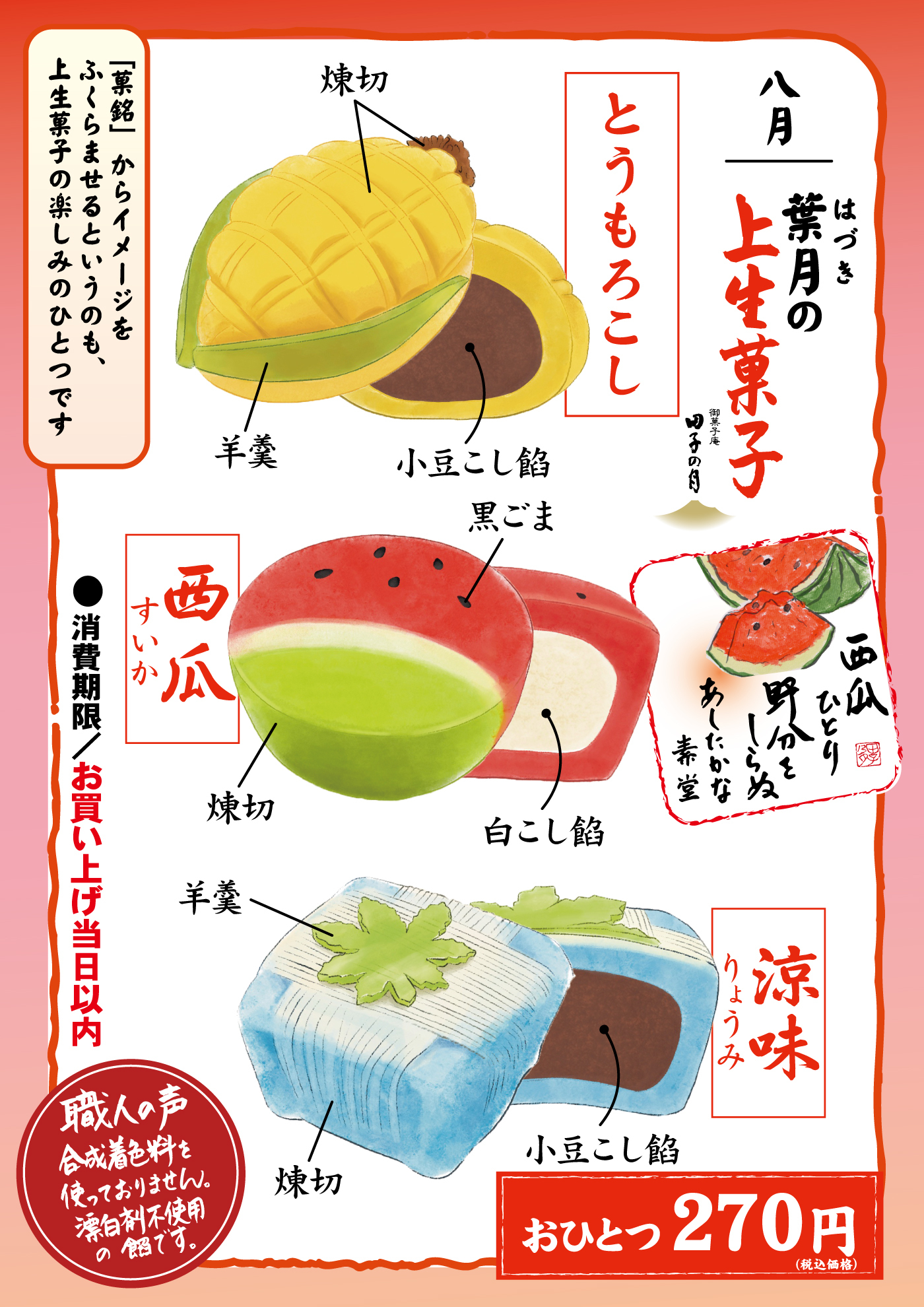 八月葉月（はづき）の上生菓子習志野四季の菓とうもろこし西瓜ひとり男分をたらふく素堂【「景色」からイメージをふくらませるというのも、上生菓子の楽しみのひとつです】●消費期限お買い上げ当日以内職人の声合成着色料を使っておりません。漂白剤不使用の餡です。練切羊羹小豆こし餡黒ごま西瓜（すいか）練切白こし餡羊羹黒ごま涼味（りょうみ）練切羊羹小豆こし餡おひとつ270円（税込価格）
