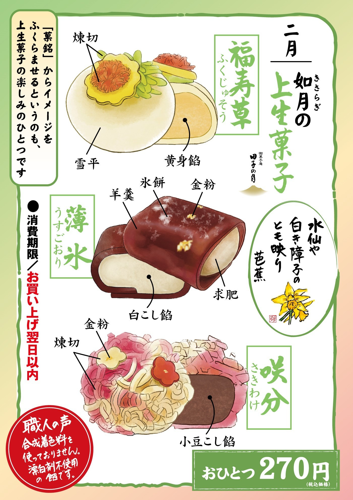 二月如月(きさらぎ)の上生菓子御菓子庵田子の月鶯うぐいす羊羹黒ごま煉切求肥白こし餡咲分小豆こし餡金粉煉切春一番外郎上南粉黄身庵水仙や白き障子のとも映り270円(税込価格)「菓銘」からイメージをふくらませるというのも、上生菓子の楽しみのひとつです消費期限お買い上げ当日以内職人の声合成着色料を使っておりません。漂白剤不使用の餡です。