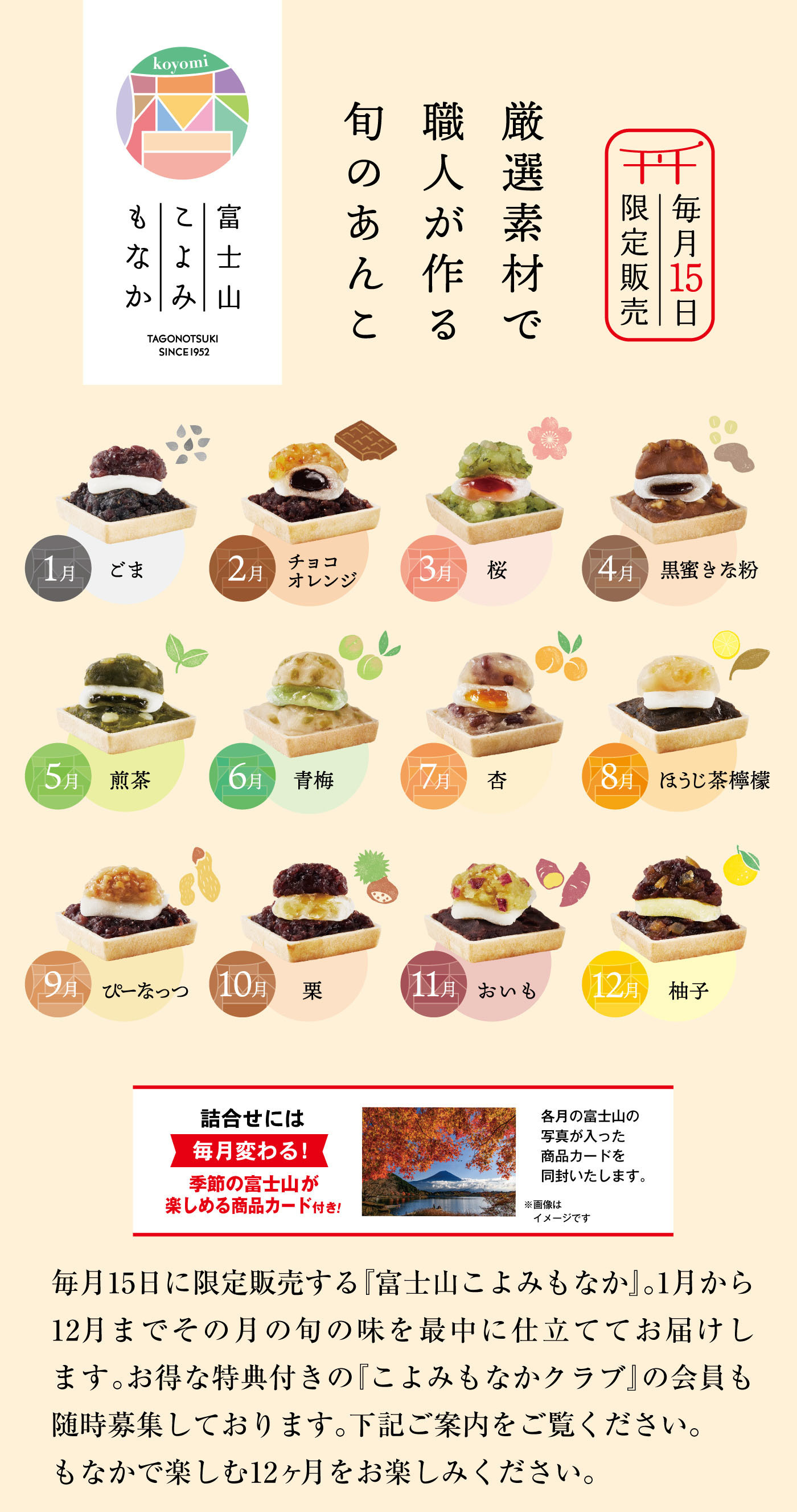 koyomi 富士山こよみもなか TAGONOTSUKI SINCE1952 厳選素材で職人が作る旬のあんこ 毎月15日限定販売 1月 ごま 2月 チョコ 3月 桜 4月 黒蜜きな粉 5月 煎茶 6月 青梅 7月 杏 8月 ほうじ茶檸檬 9月 ぴーなっつ 10月 栗 11月 おいも 12月 柚子 詰合せには毎月変わる！季節の富士山が楽しめる商品カード付き！ 各月の富士山の写真が入った商品カードを同封いたします ※画像はイメージです 毎月15日に限定販売する『富士山こよみもなか』。1月から12月までその月の旬の味を最中に仕立ててお届けします。お得な特典付きの『こよみもなかクラブ』の会員も随時募集しております。下記ご案内をご覧ください。もなかで楽しむ12ヶ月をお楽しみください。
