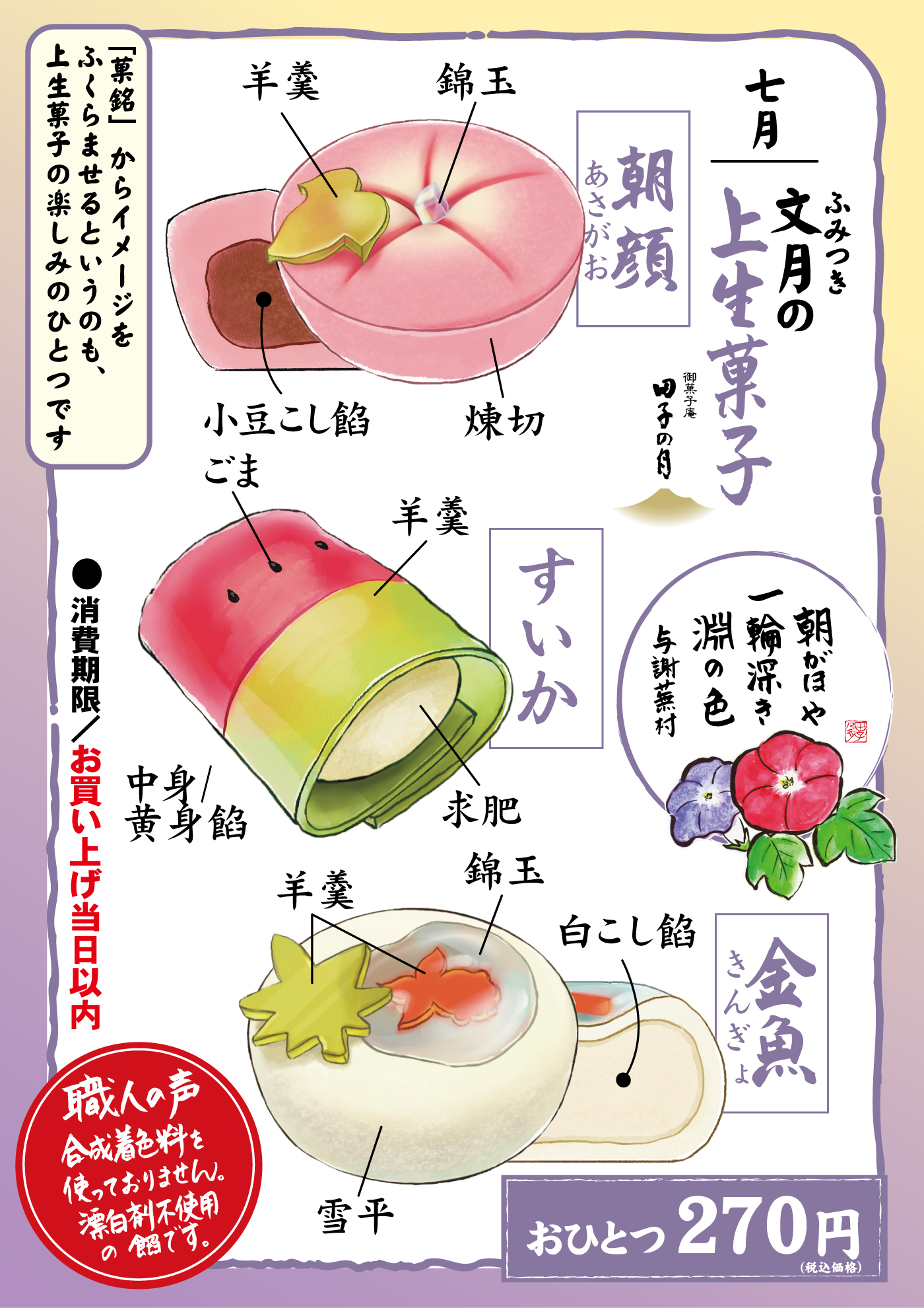 七月文月ふなつきの上生菓子御菓子庵田子の月朝顔あさがお錦玉羊羹練切小豆こし餡すいか羊羹ごま求肥金魚きんぎょ白こし餡錦玉羊羹雪平朝がほや一輪深き淵の色与謝蕪村おひとつ270円(税込価格)「菓銘」からイメージをふくらませるというのも、上生菓子の楽しみのひとつです消費期限お買い上げ当日以内職人の声合成着色料を使っておりません。漂白剤不使用の餡です。